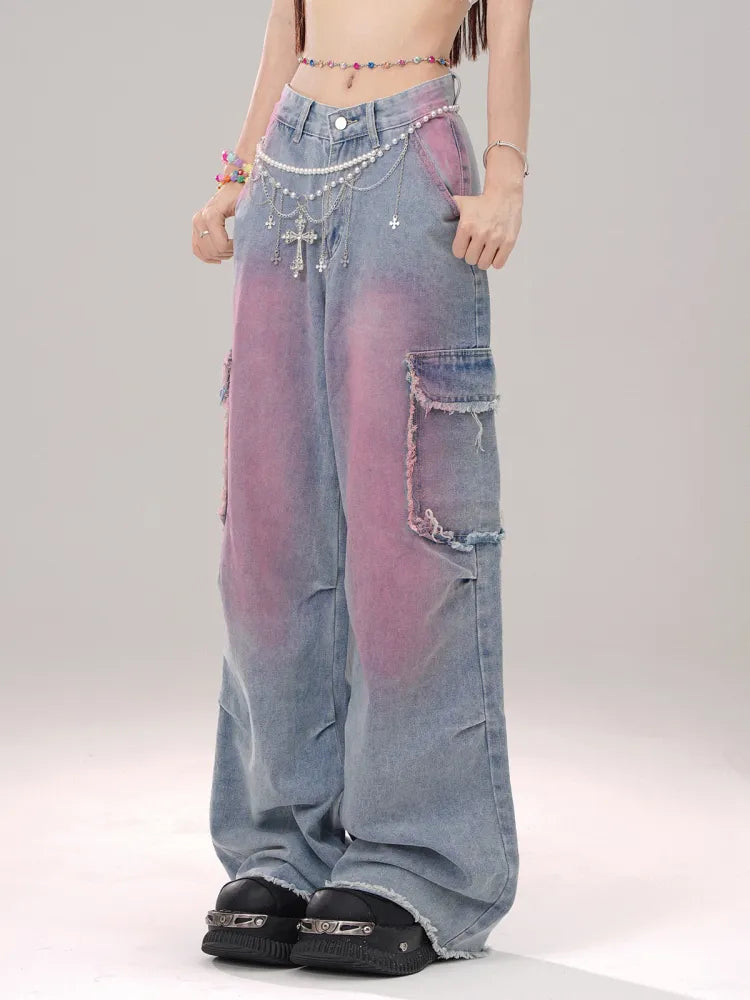 Jeans Hem Pockets Cargo Blue Raw