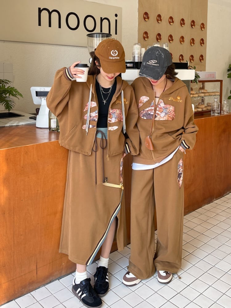 ブラウンのドローストリングヴィンテージファッションスリットスカートサイドミラードウエストプリンスプリント