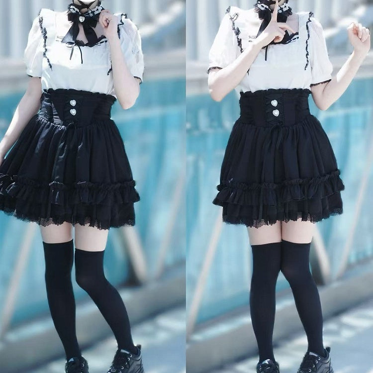 Outfit Cutout Black Kei Blouse Neck Corset - and Square Shoulder Skirt Lace-up White Jirai