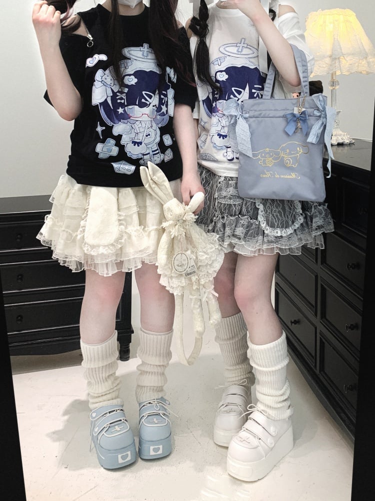 Double-Layered Jirai Kei Lace Black/White/Pink Bunny Ears Design Skirt