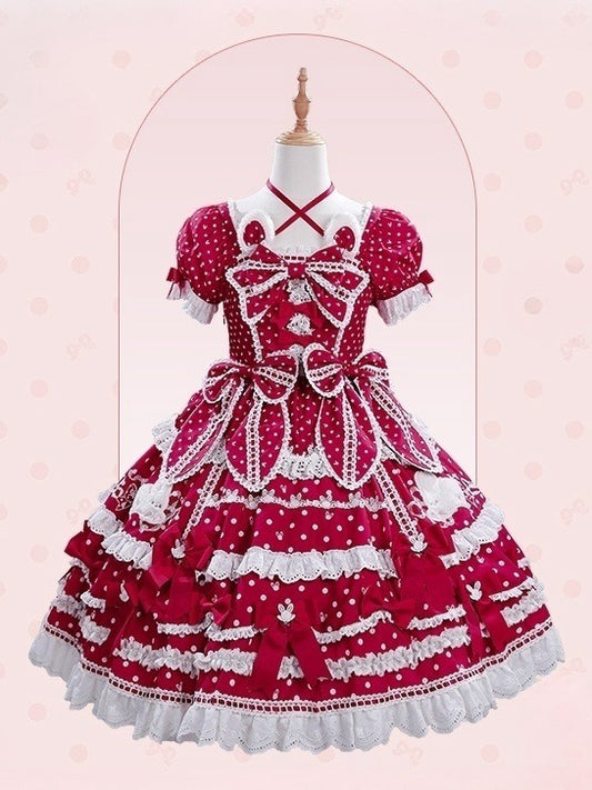Plush Bunny Pattern Gorgeous Square Sweet Dress Lolita Ears Red Neckline Polka Version Dots