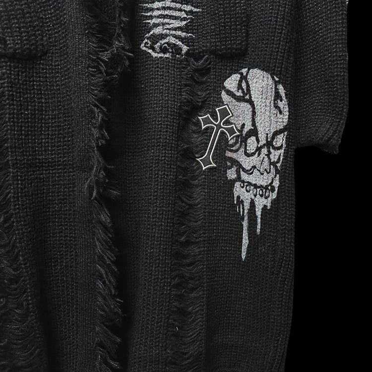 Gothic Punk Black Cross and Skeleton Distress Holes Cardigan Raw Edge