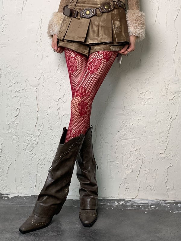 Punk Schwarz Rot Y2K Rosenmuster Hohlstrumpfhose