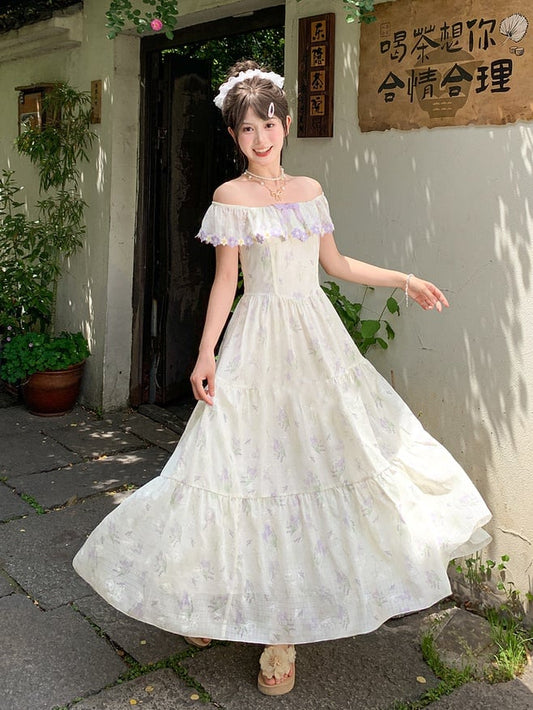 Verziertes schulterfreies lila Ausschnitt Cottagecore Kleid Beige Lavendel Druck Blumen