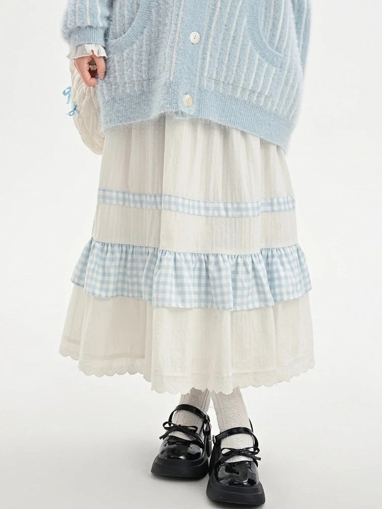 White High Waist Lace Trim Sweet Skirt Plaid Patchwork