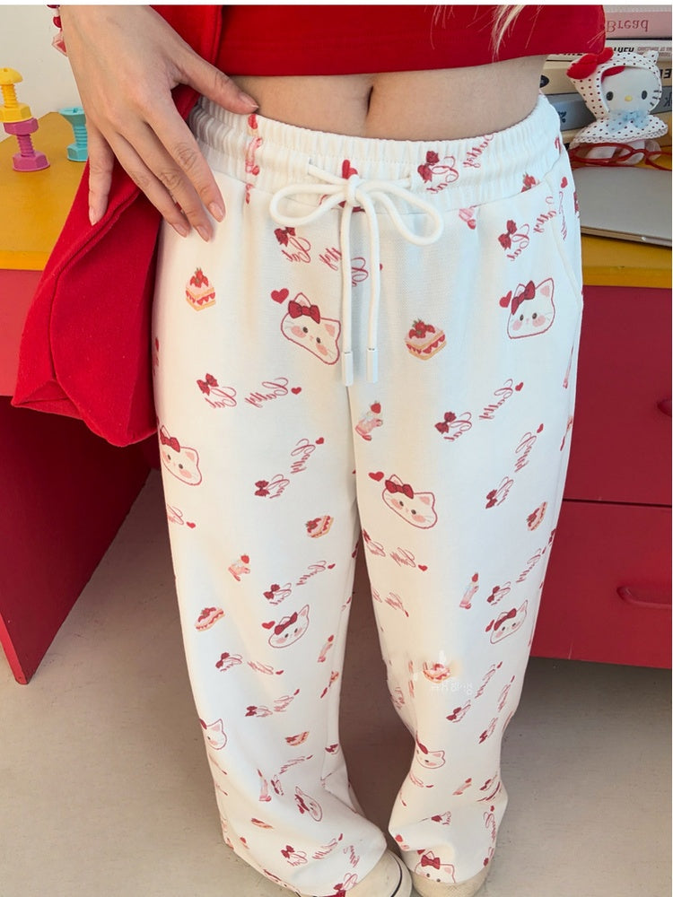 White Drawstring Waist Allover Kitty Print Wide-Leg Casual Pants