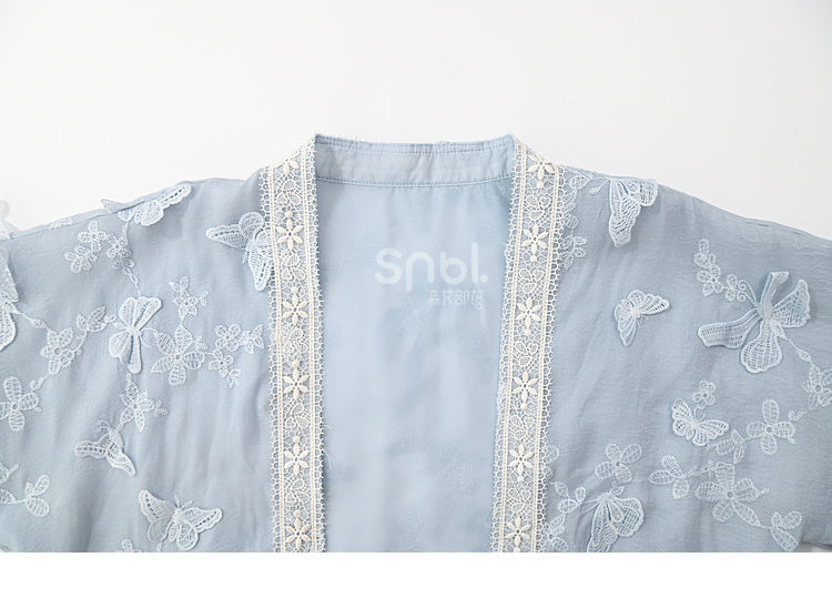 Sleeves Top Hem Butterfly Floral Embroidery Blue Tassels Design Long