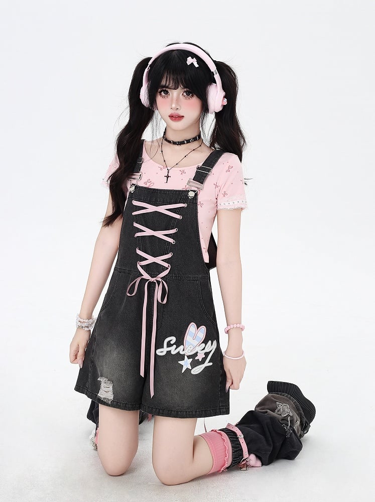 Black Bunny Ears Design Back Adorable Lace-up Denim Overall Shorts