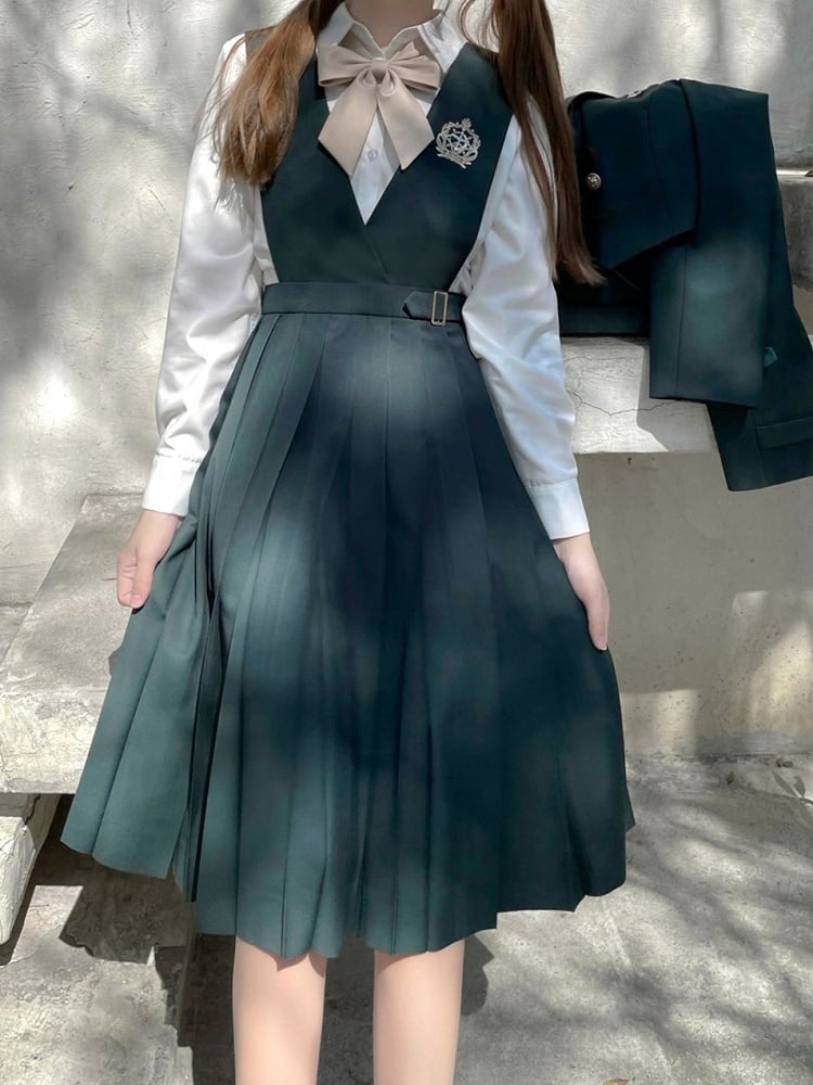Green Belt with Embroidery 65 Preppy Overalls Box Pleat Skirt / and 70cm Dark