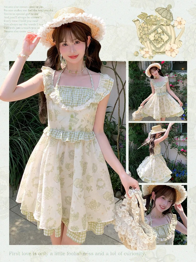 Kei Green Plaid Flutter Sleeves Halter Dress Light Cartoon Print Mori