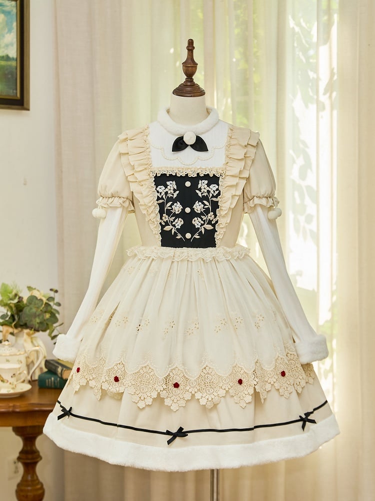 and Neckline Beige Long Sleeves Cuffs Lolita Floral Plush Dress Bodice Embroidery