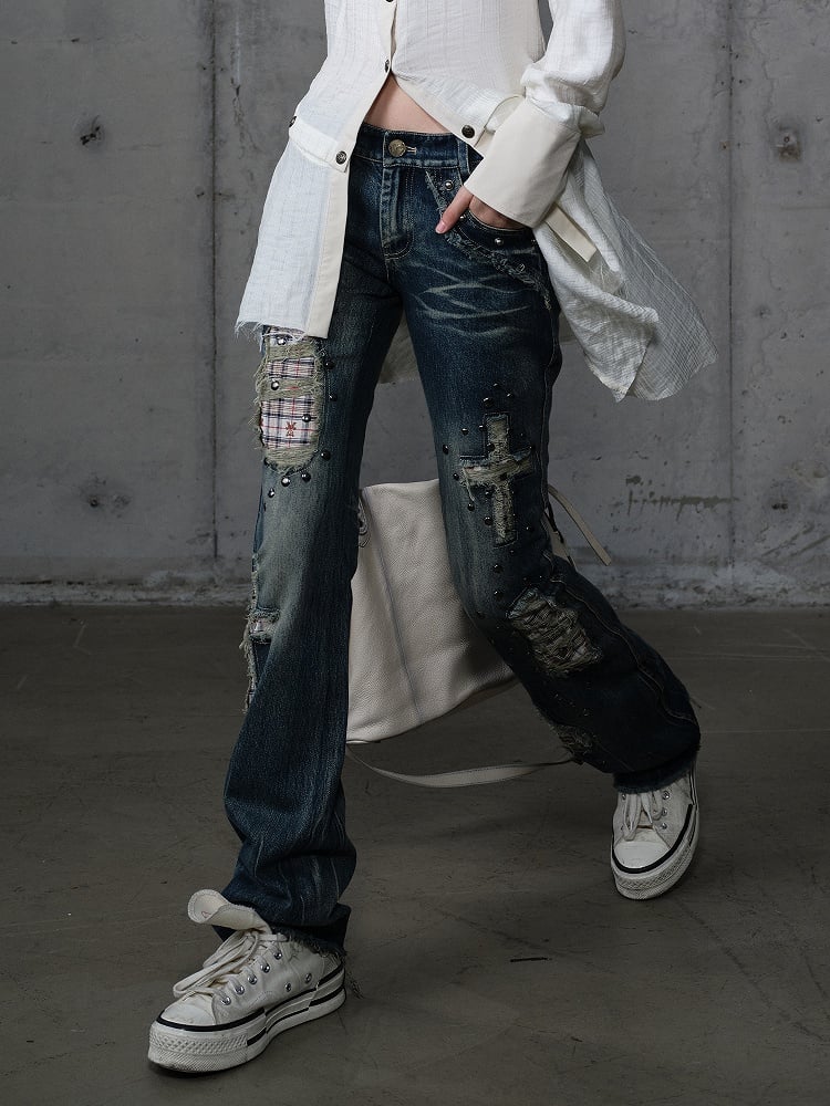Jeans Light Studs Punk Patches Wash Blue Distressed with Plaid