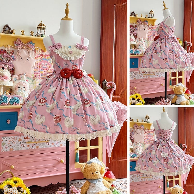 Kitty Cake Fashion Dress Sweet and Showa Pink Lolita Print Cherry