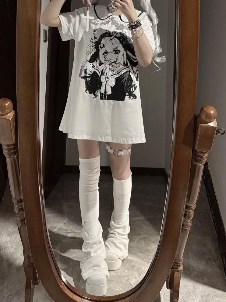 Pan Jirai Kei T-Shirt Weiß Anime Girl Print Peter Collar