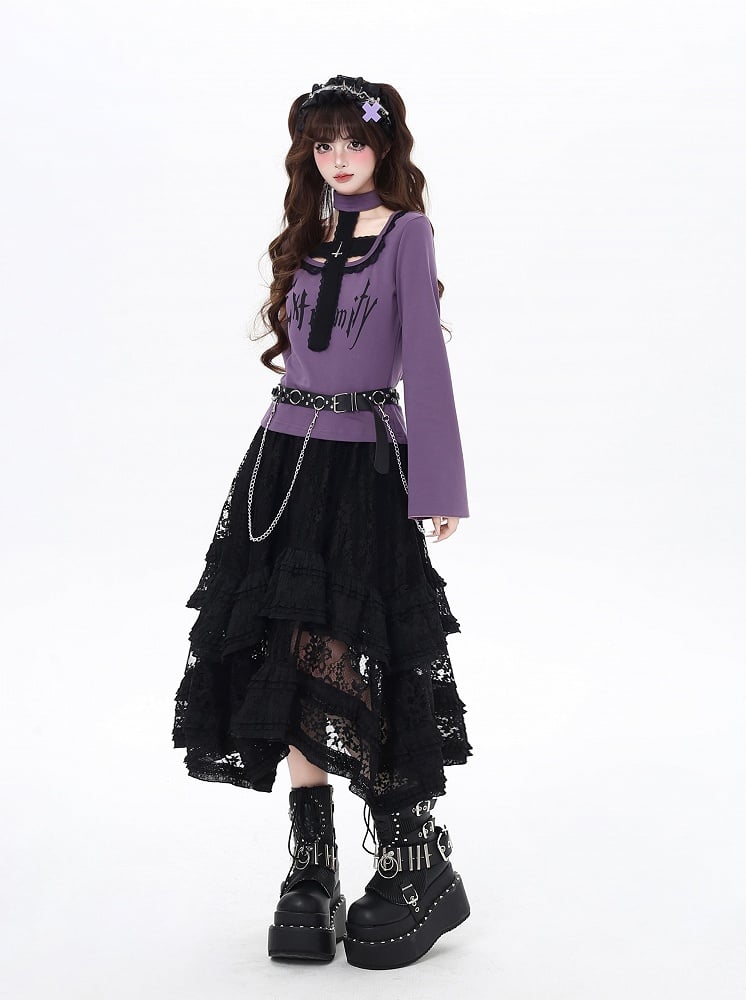 Top and All-in-one Gothic Black/Purple Bell Sleeves Cross Design Choker