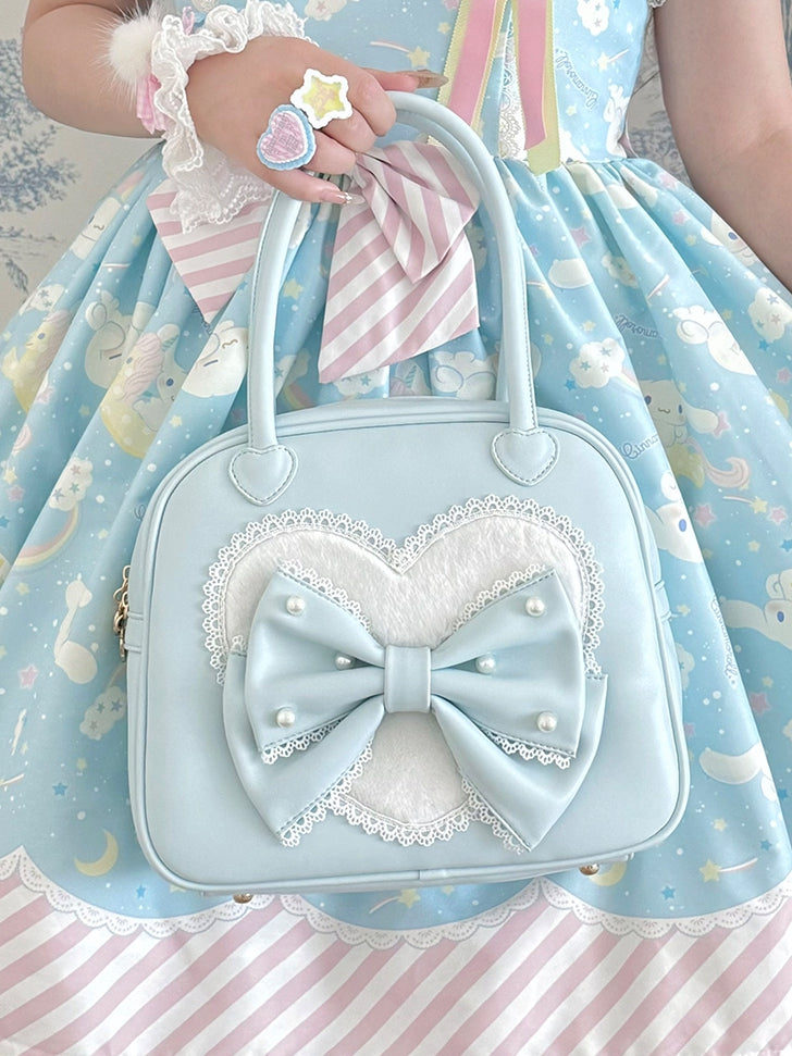 Heart Lolita Sweet Hand Plush Decorated Bowknot Blue Beaded Bag