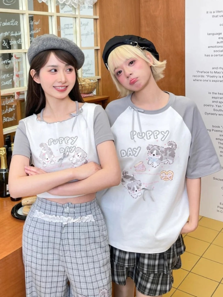 Gray Adorable Puppy Print Bowknot Long/Short Detail Version T-Shirt