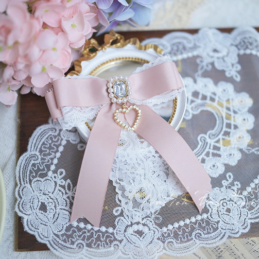 Charm Dusty Pink Beaded Square Rhinestone Heart Jirai Kei Bow Brooch