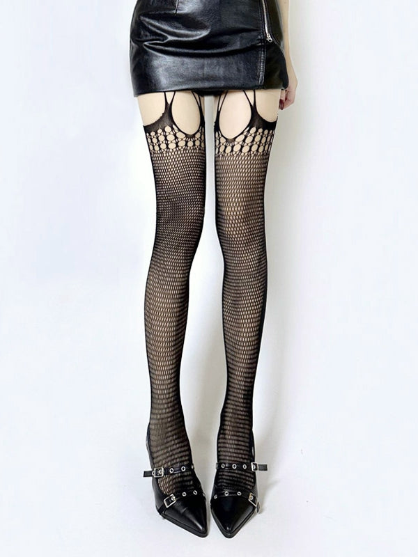 Black / White Cut-out Suspender Fishnet Tights