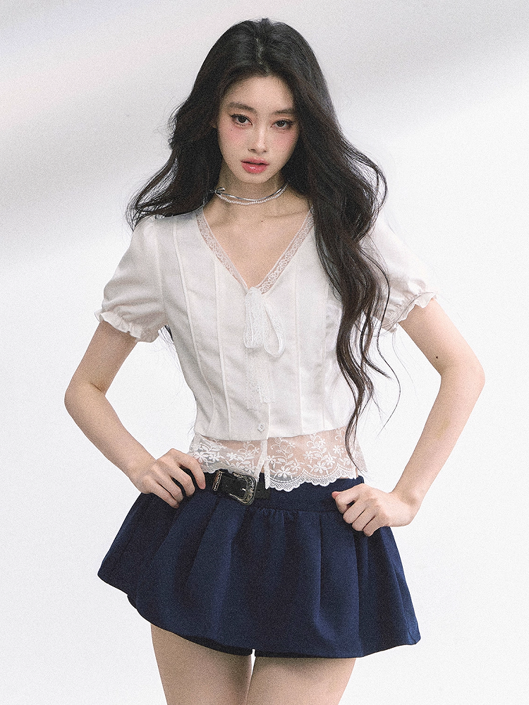 White Neckline Lace Hem Puff Sleeves Blouse Straps Self-tie