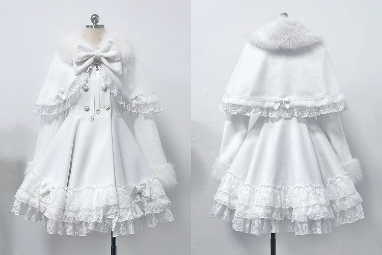Jirai Kei White Tiered Lace Coat with Detachable Cape and Shaggy Collar