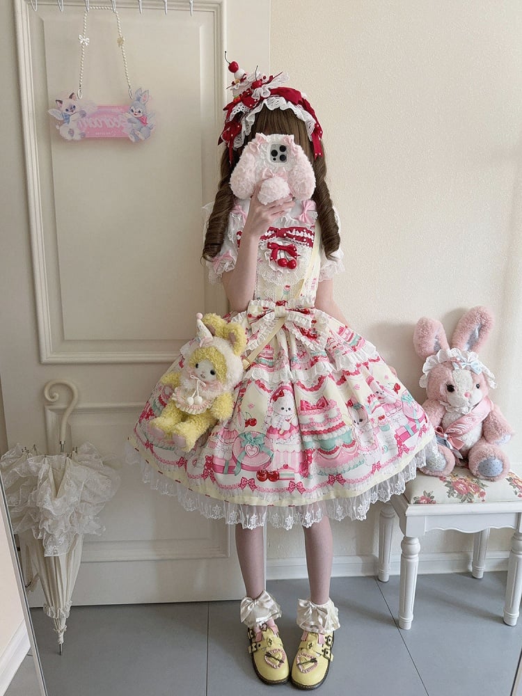 Sweet Dress Cakes Bunny Yellow Print and Skirt Lolita Jumper