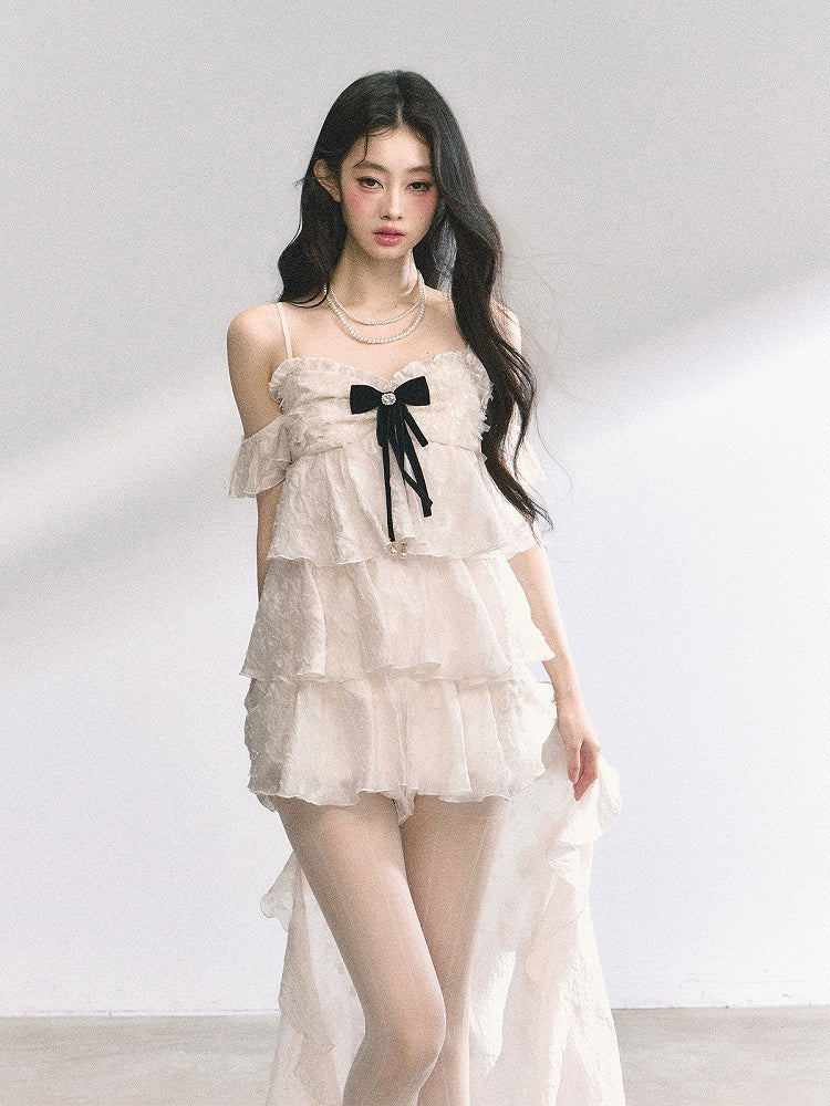 Apricot Cascading Ruffle Trim Tiered Ruffles Cami Dress Skirt High-low