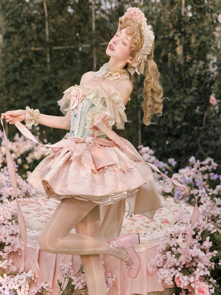 Grünes Jacquard-Mieder mit Stäbchen, rosa Lolita-Kleid mit Karussellmuster und großer Schleifenschleppe
