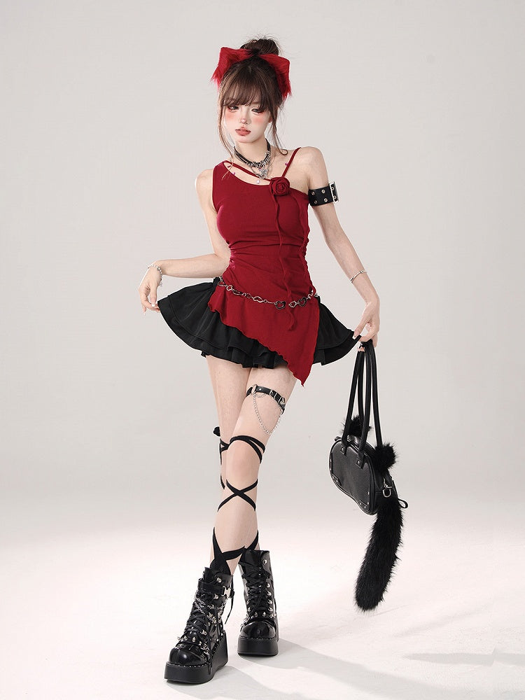 Asymmetrical Shoulder Sleeveless Top with Rose Accent Red