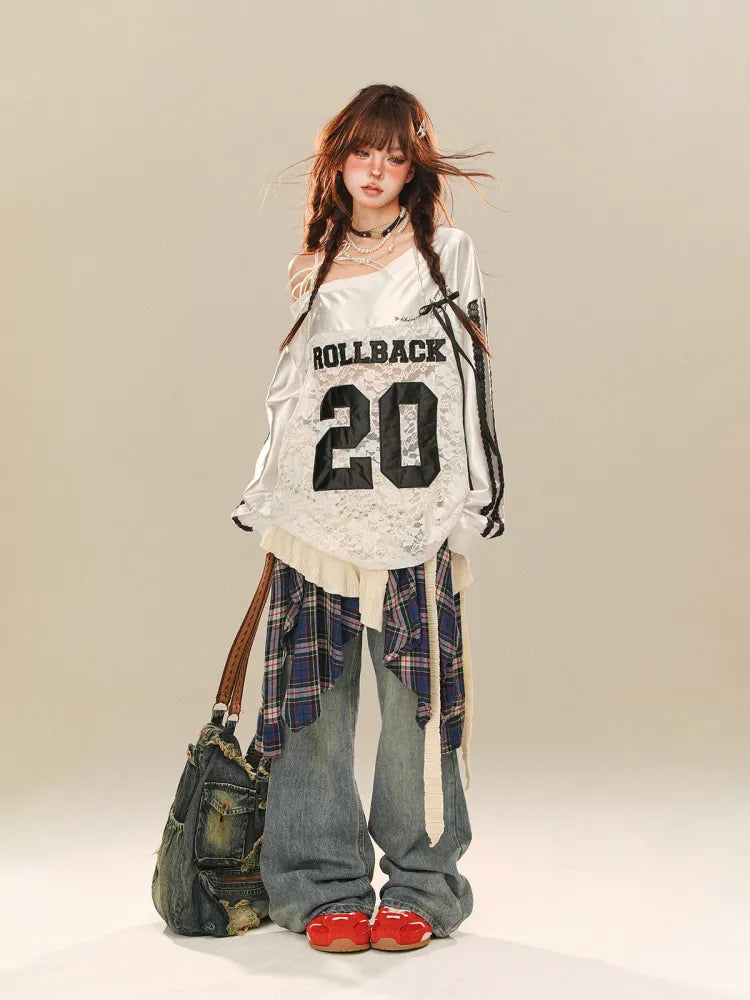 Wide-leg Plaid Jeans Accessory with Cut Blue