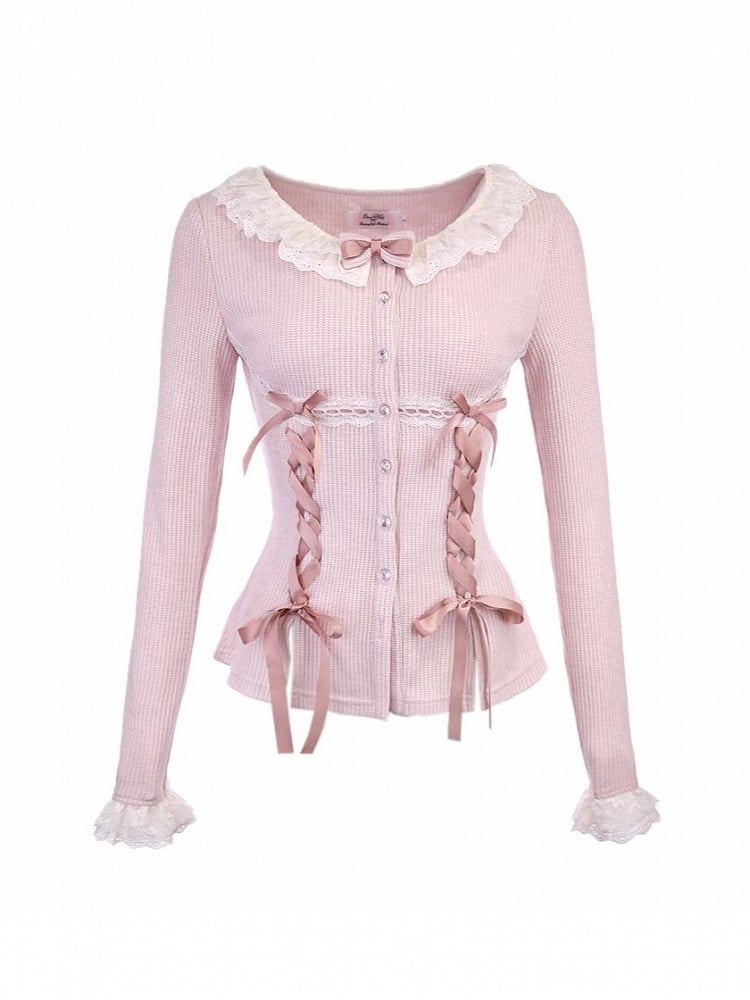 Pink Knitted Cardigan with Ruffled Lace Ribbon Bow Accents