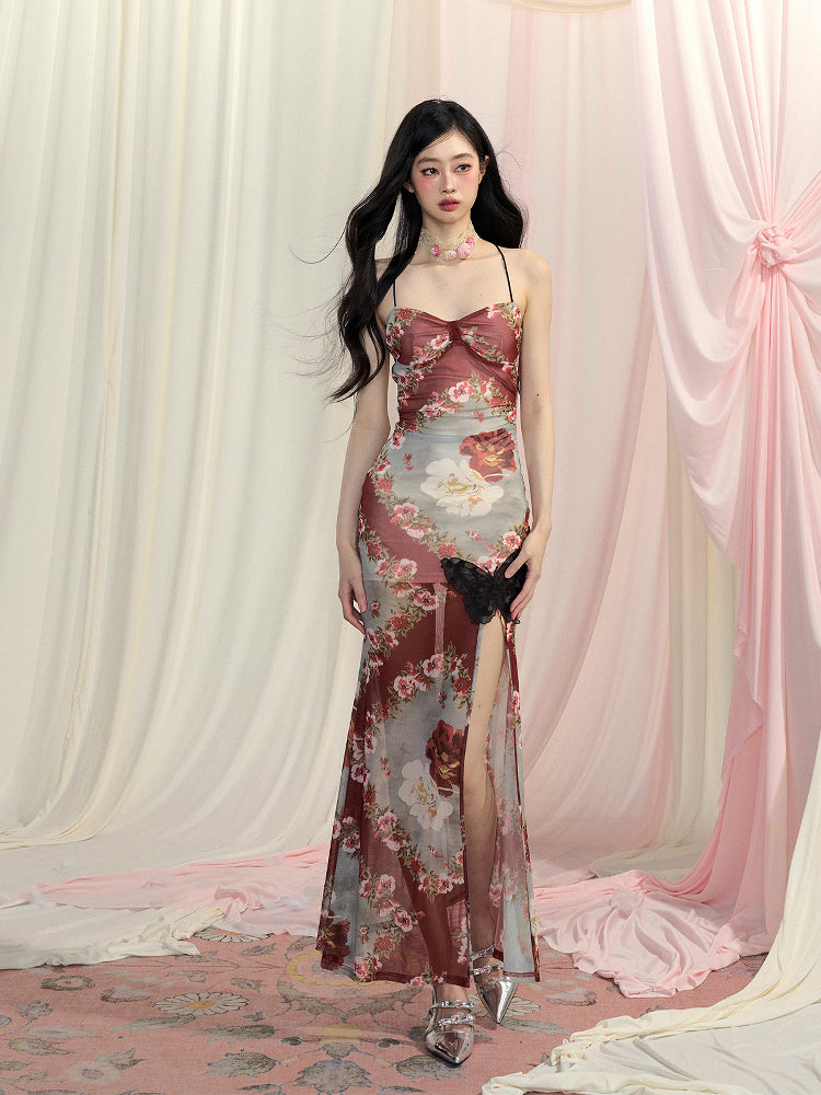 Skirt Rust Red Chiffon Halter Floral Slip Dress Slit Side Mermaid Backless Neck