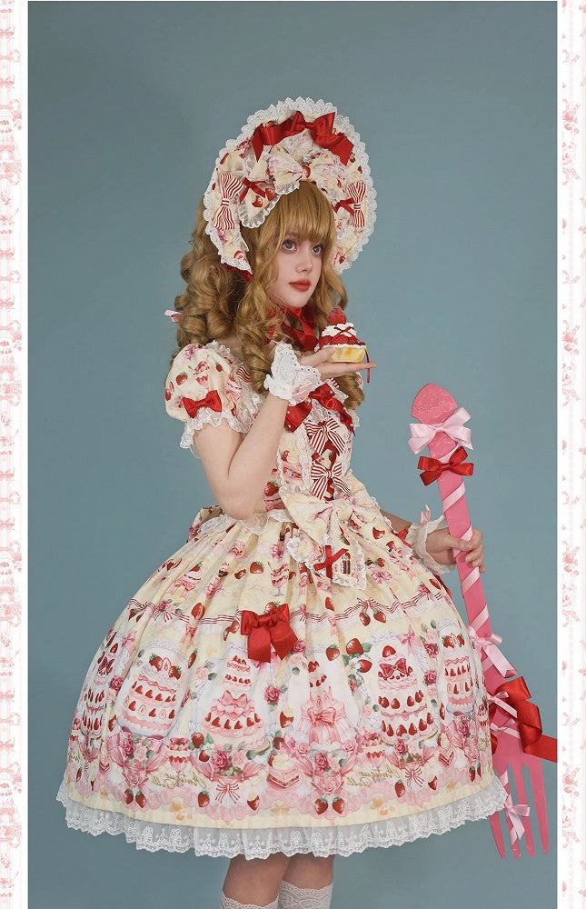 Dress Cake Strawberry / Bow Full Sweet Print Accents Yellow Set Lolita