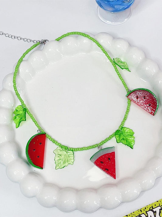 Leaf Y2K GreenRed Watermelon Pendant And Necklace