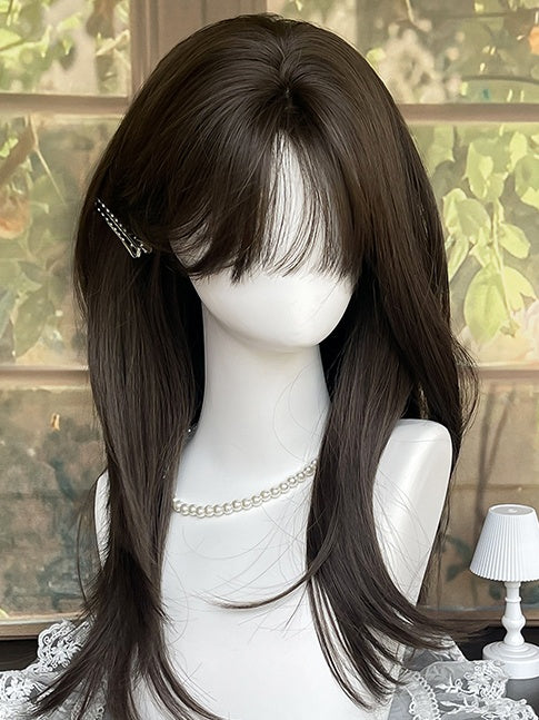 ブラウンのロングストレート合成ウィッグ(前髪付き)