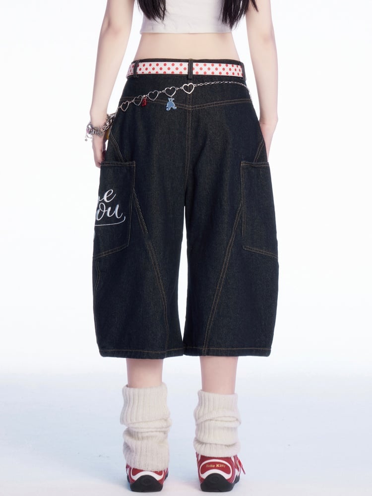 Waist Heart Embroidery Wide-leg Cargo Jeans Black Low