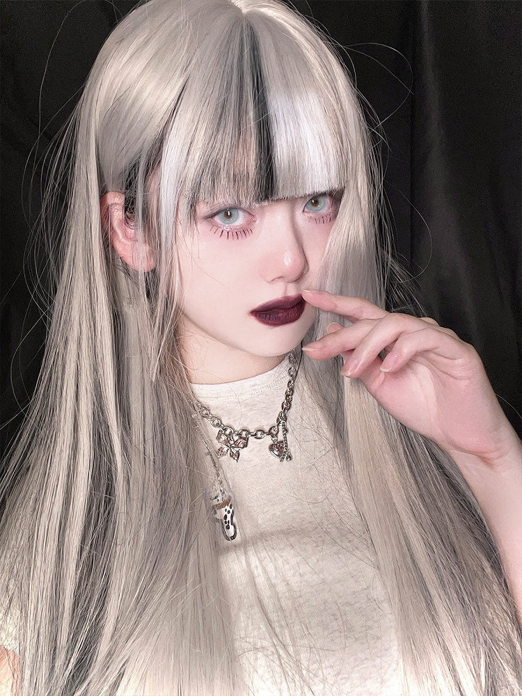Bangs With Highlight Wig Hime Full Cut Black Straight Length 80CM Silver And