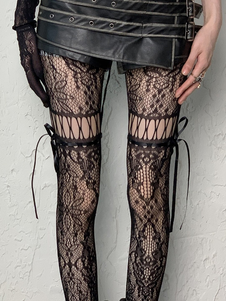 Cut-out Self-tie Coffee/Gray/Black/White/Purple/Blue Y2K Floral Pattern Design Tights Straps