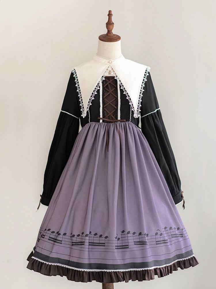 Robe Lolita d'automne violette à manches longues et col pointu séparé, motif notes de musique