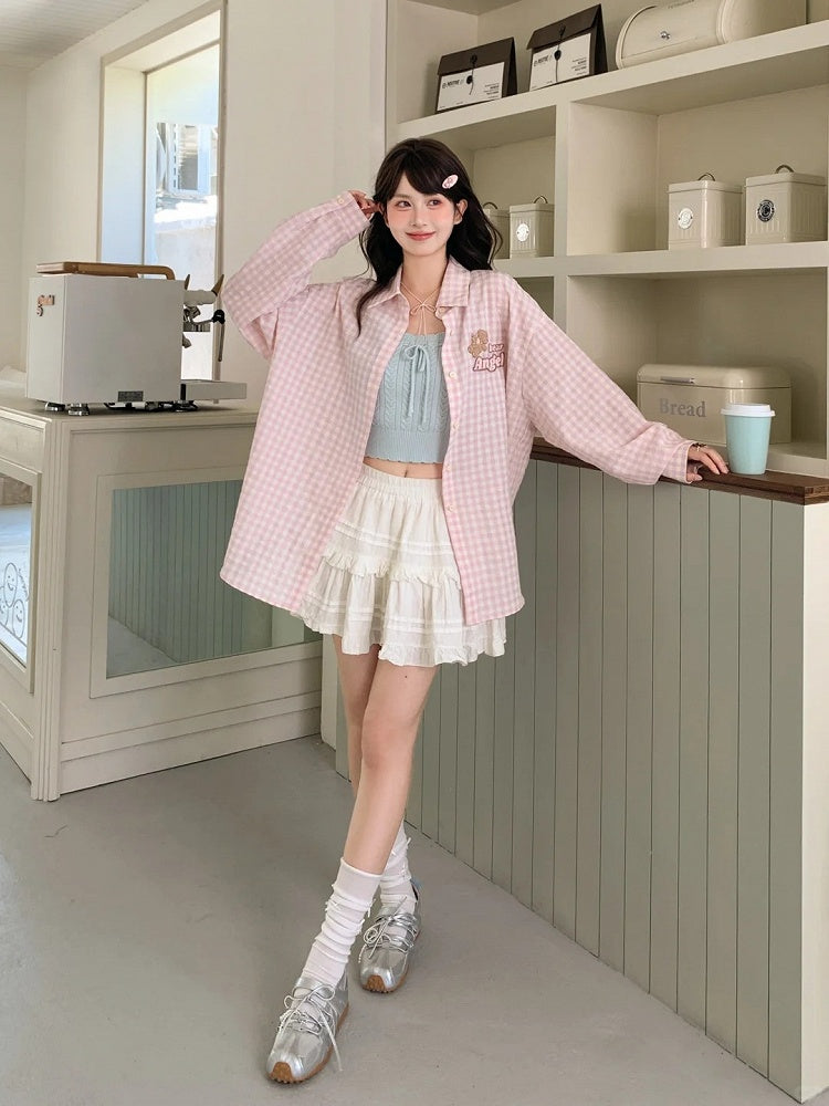 Pink Loose Plaid Shirt Adorable Bear Embroidery