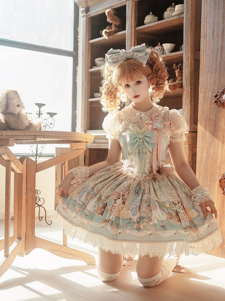 Tea Party Korsett Print Mieder Pullover Kitty Kleid süßer Rock grün Mint Lolita