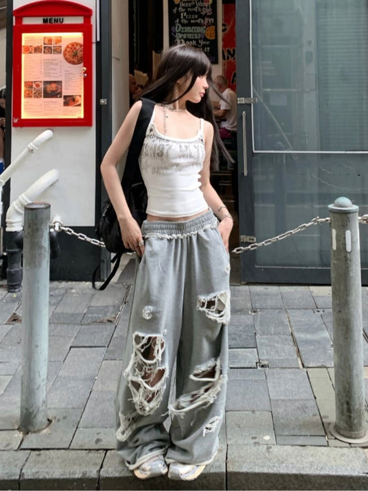 Top/Gray Elastic Waist Distressed Holes Casual Pants Cami White Glamorous Graphic