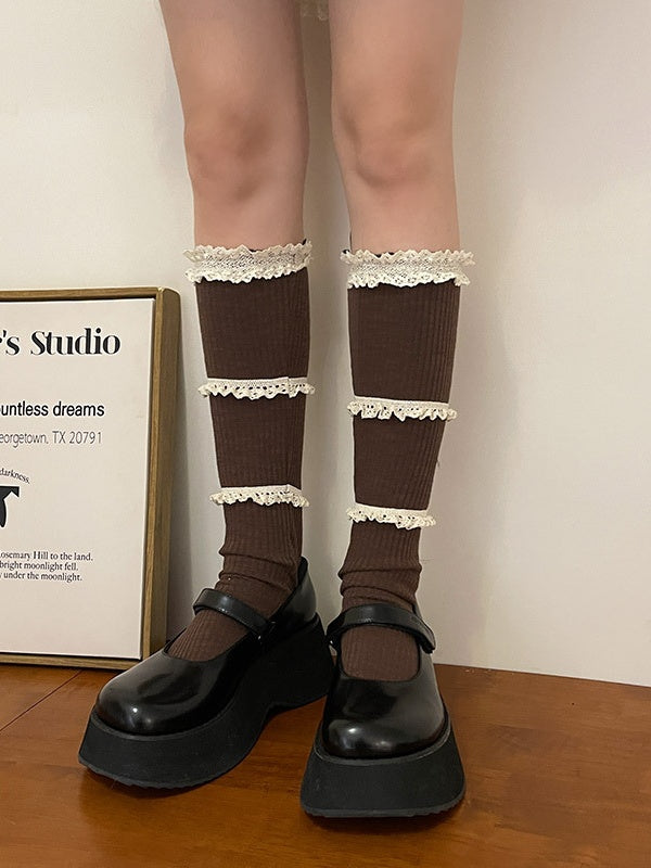 White/Dark Grey Sweet Ruffled Cuff Calf Socks