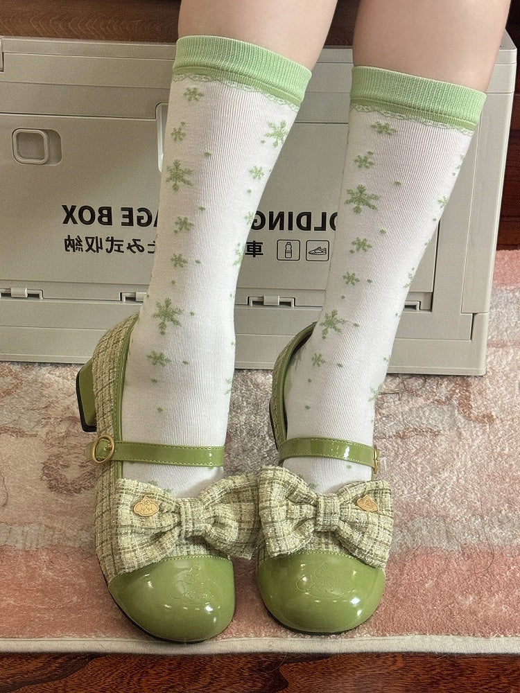 Lolita Calf Christmas Socks Green Snowflakes