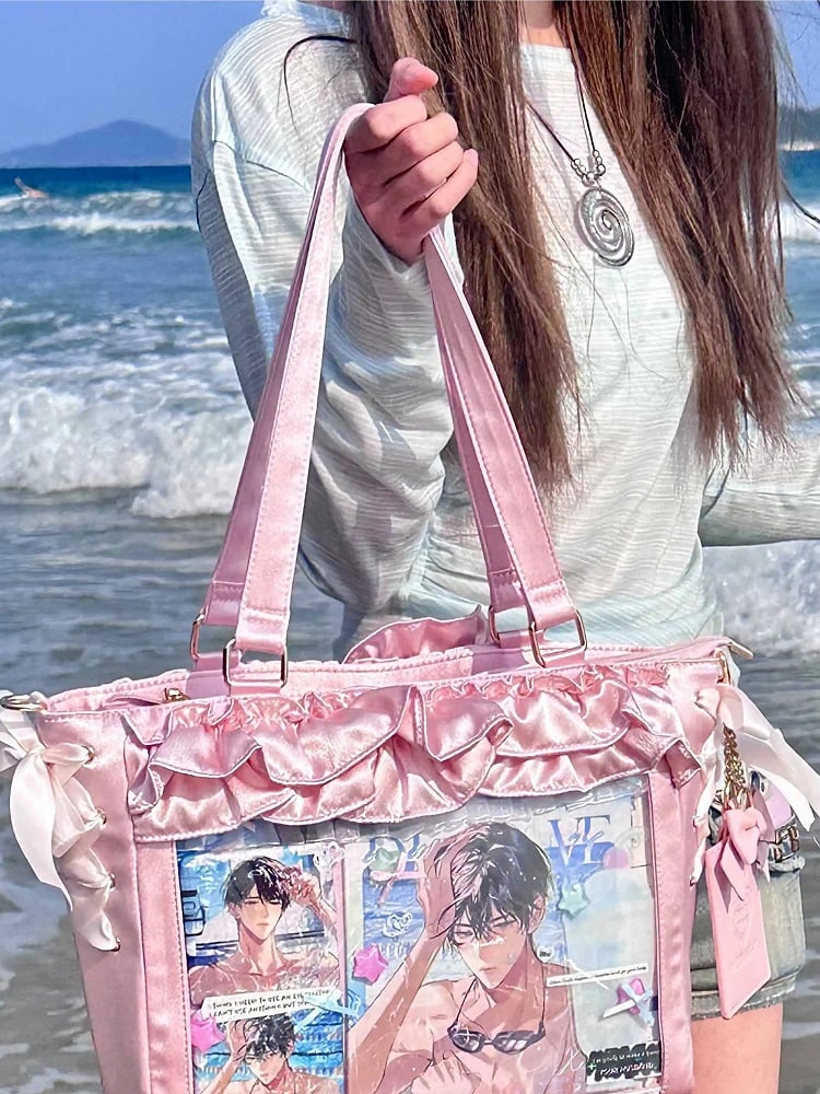 With Satin Ita Card Bag Holder Bow Pink Straps Trims Self-tie Ruffle
