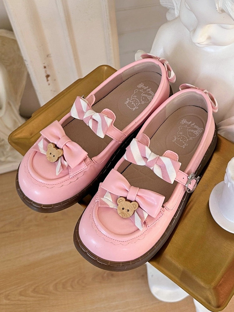 - 2cm Sweet with Uniform Striped Flats Pink Bow PU Lolita Sole