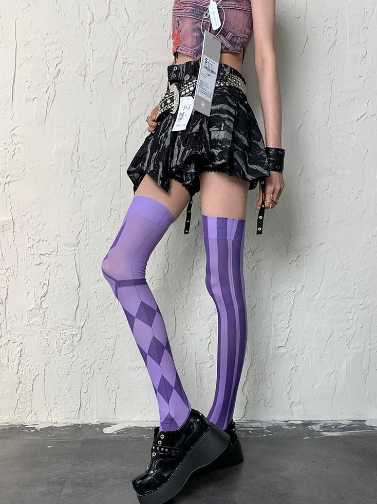 And Striped Asymmetrical Diamond Design Y2K Stockings Overknee Purple Pattern