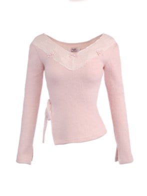 Pink Knit Sweater With Bow Accents and Playful Ribbon Detail Lace-Trimmed V-Neck