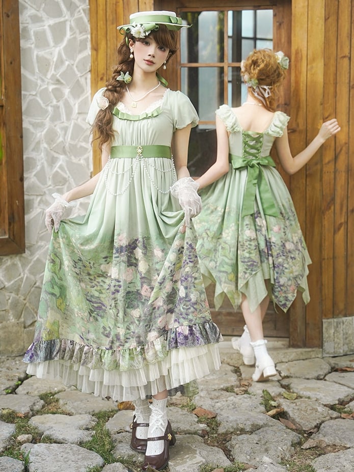 Empire Set Painting Oil Roses Lolita Elegant Green Print Waist OP Skirt