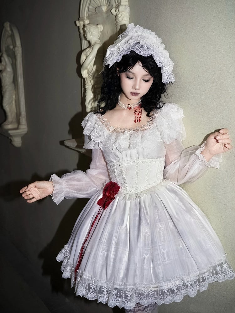 Set Full Short Dress Goth High White Version OP Castle Print Waist Lolita